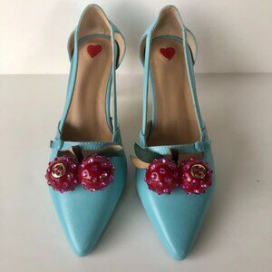 GUCCI Replica Unia Aqua Turquoise Cherries with Pink Crystal  2" Heels US 5 /5.5
